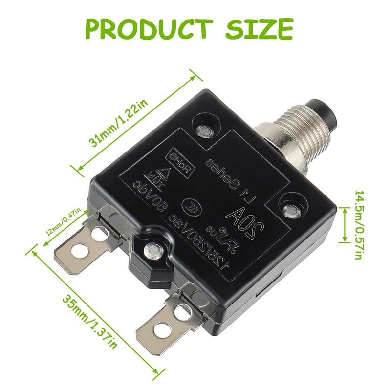 EPLZON 20A Manual Reset Push Button Circuit Breaker 125/250V AC 50V DC Thermal Overload Protector with Quick Connect Terminals and Waterproof Button Caps Assortment Kit(Pack of 2 pcs) - Image 2